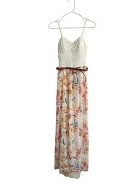 Lily Rose Ivory Orange Floral Lace Maxi Dress Belted Sweetheart Neck Size S